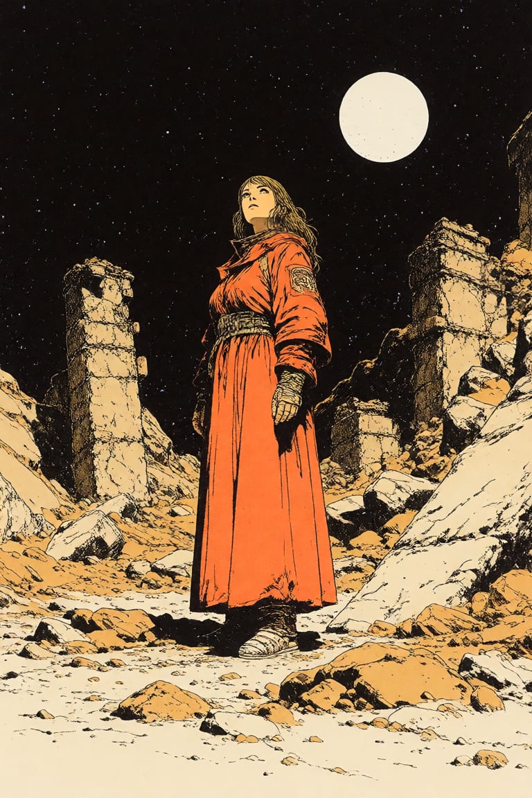 A woman standing amidst ruins on a rocky landscape,  looking up at a starry sky with a planet by Invisidude on Tensor.Art