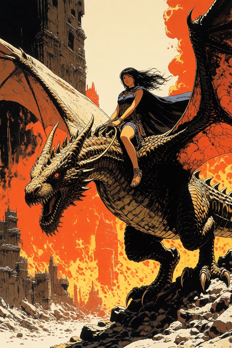 masterpiece,  best quality,  a woman riding a dragon over the ruins of a burning city by Invisidude on Tensor.Art