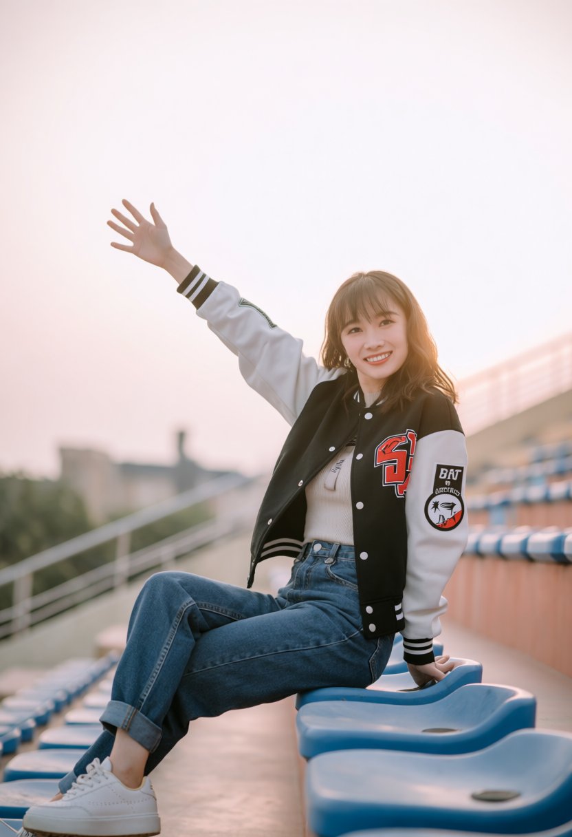 Photograph of a Vietnamese woman sitting on the bleachers in a stylish varsity jacket and high-waisted jeans,  smiling at...