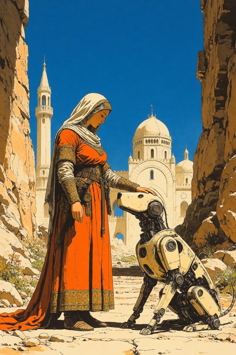 masterpiece,  best quality,  a woman in medieval garb petting a robot dog by Invisidude on Tensor.Art