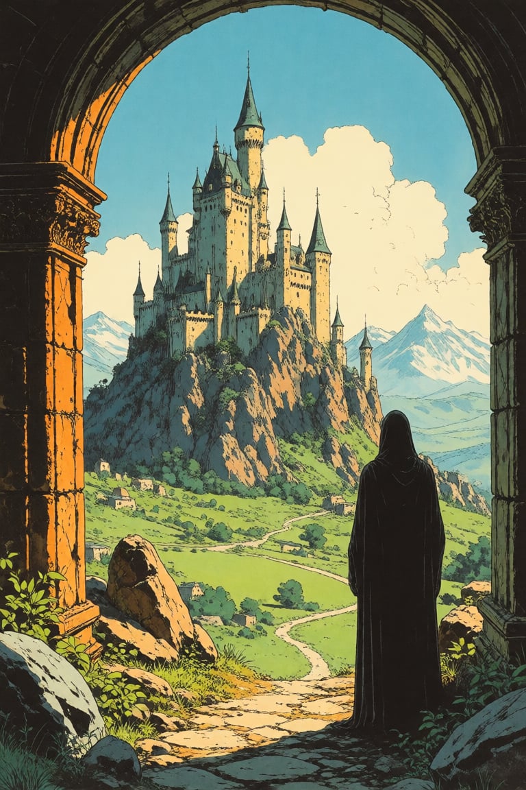 masterpiece,  best quality,  a mysterious figure in the foreground gazes out toward a distant castle on a mountain by Invi...
