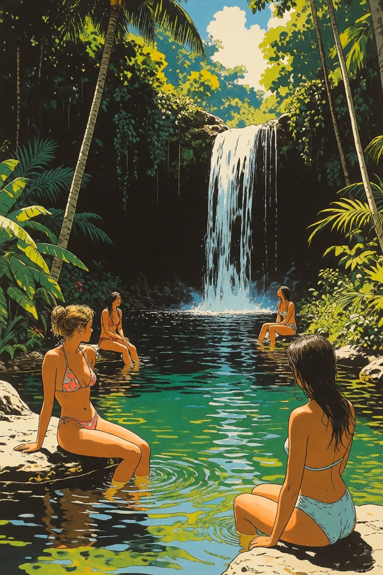 masterpiece,  best quality,  a candid scene of women bathing in a tropical pond with a waterfall by Invisidude on Tensor.Art
