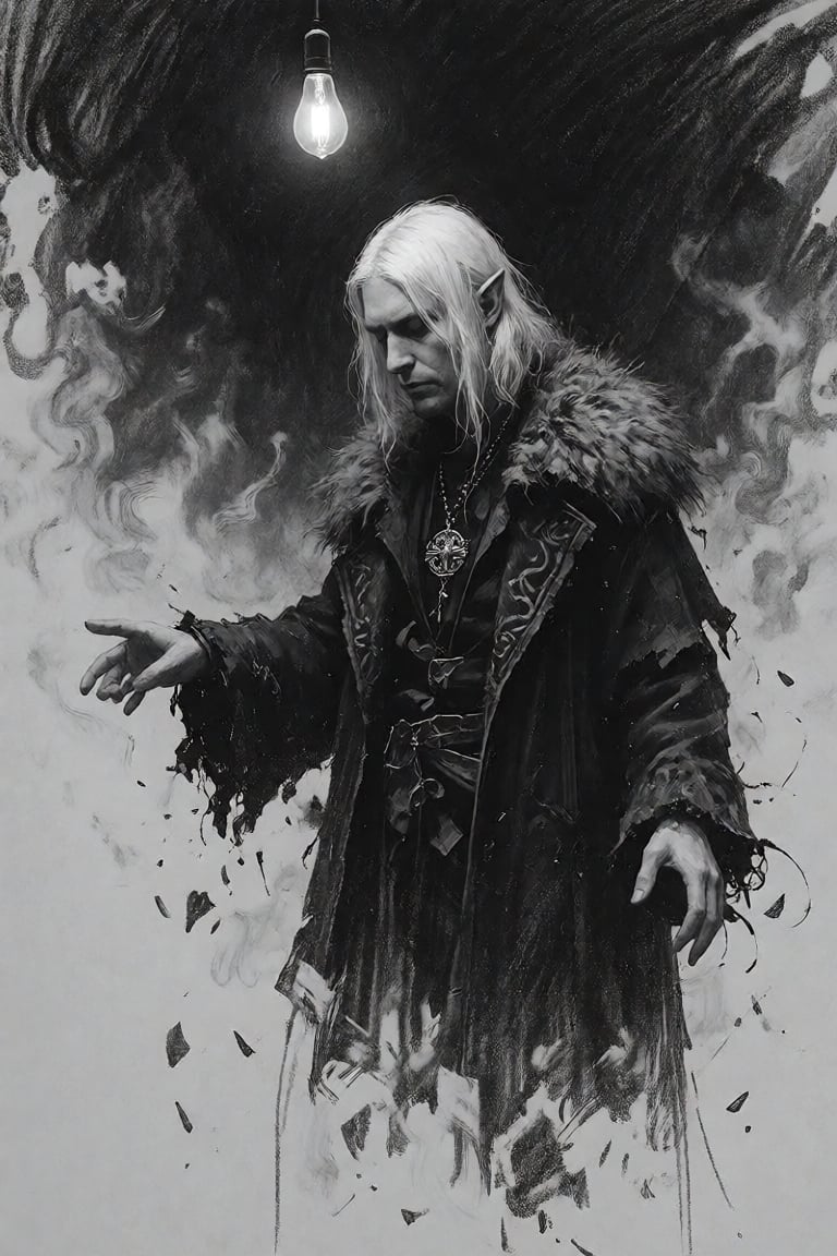 black-and-white charcoal pencil sketch of The image depicts a figure with long,  white hair and pointed ears,  dressed in...
