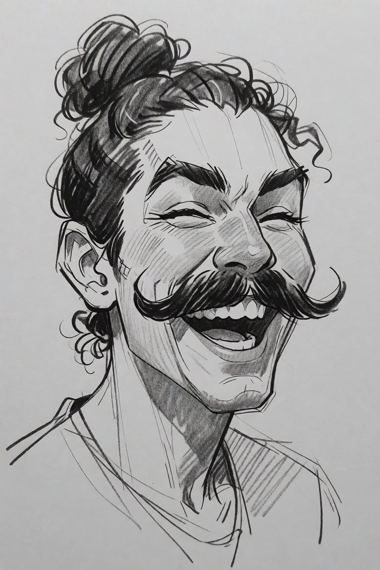 pencil sketch of a man with a large,  exaggerated mustache and a wide smile. The person has curly hair tied up in a bun. T...