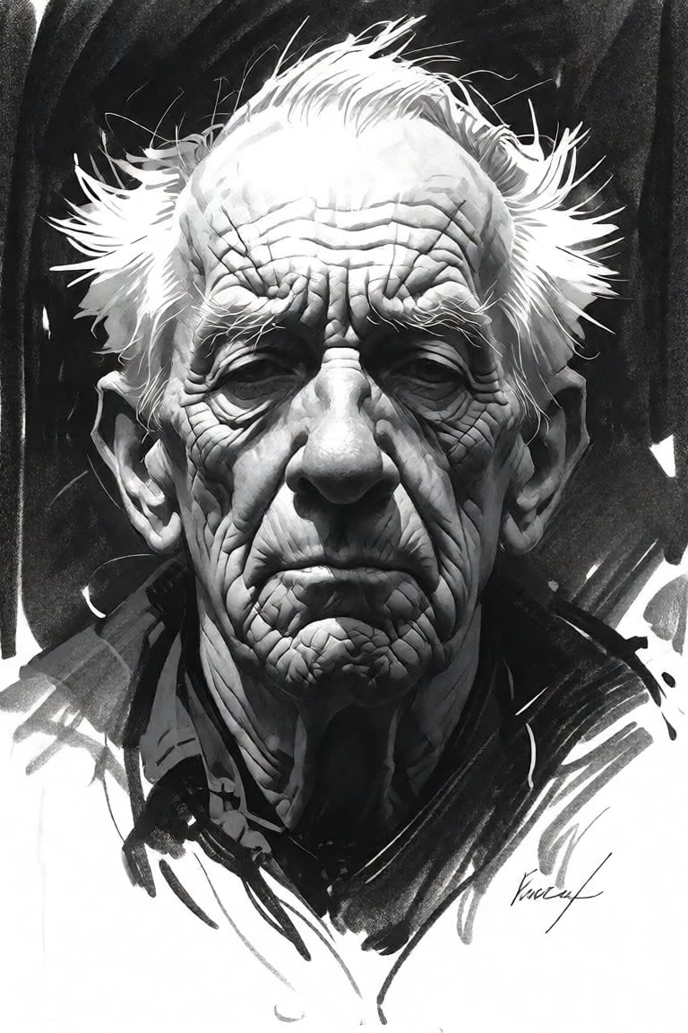 black and white charcoal pencil sketch,  drawing of,  A weathered elder of forgotten ages by Official SketchZa on Tensor.Art