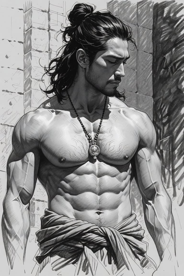 black-and-white charcoal pencil sketch of The image depicts a muscular man with long,  dark hair styled in a bun,  wearing...