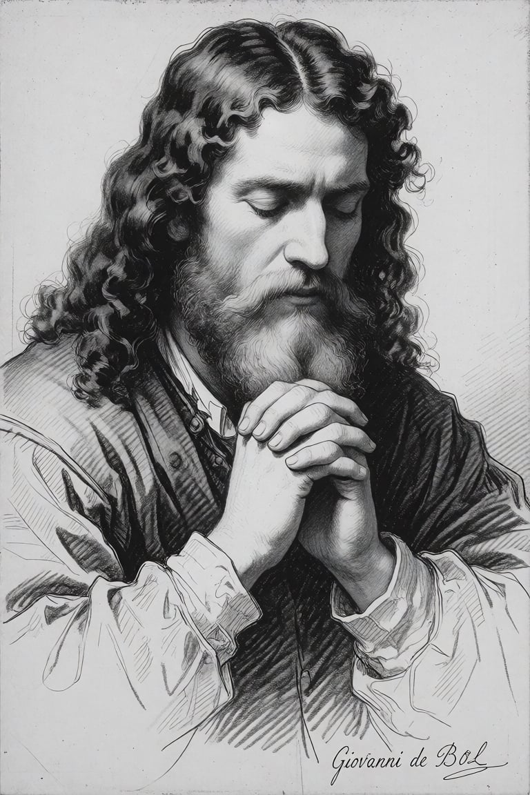 pencil sketch of The image depicts a detailed black-and-white sketch of a man with long,  curly hair and a full beard. He...