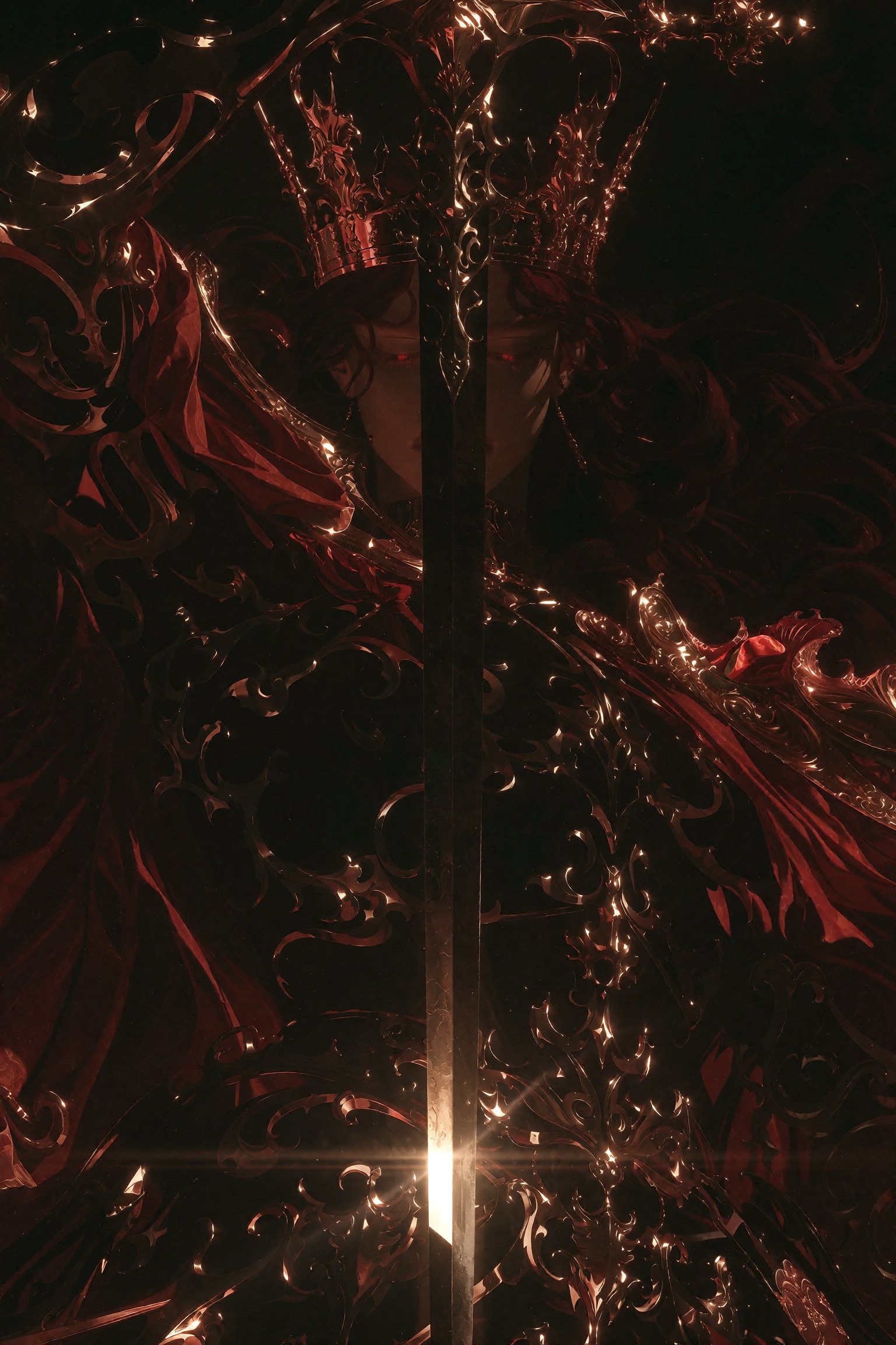 Dark fantasy oil painting of an ominous demonic sovereign during a midnight coronation,  wearing an impossibly ornate baro...