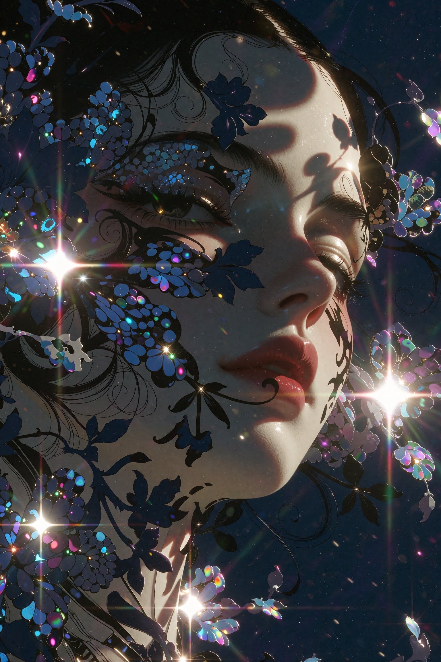 A 1990s vintage style portrait of a woman's face partially obscured by dense 3d floral objects,  enveloped in a moody,  no...