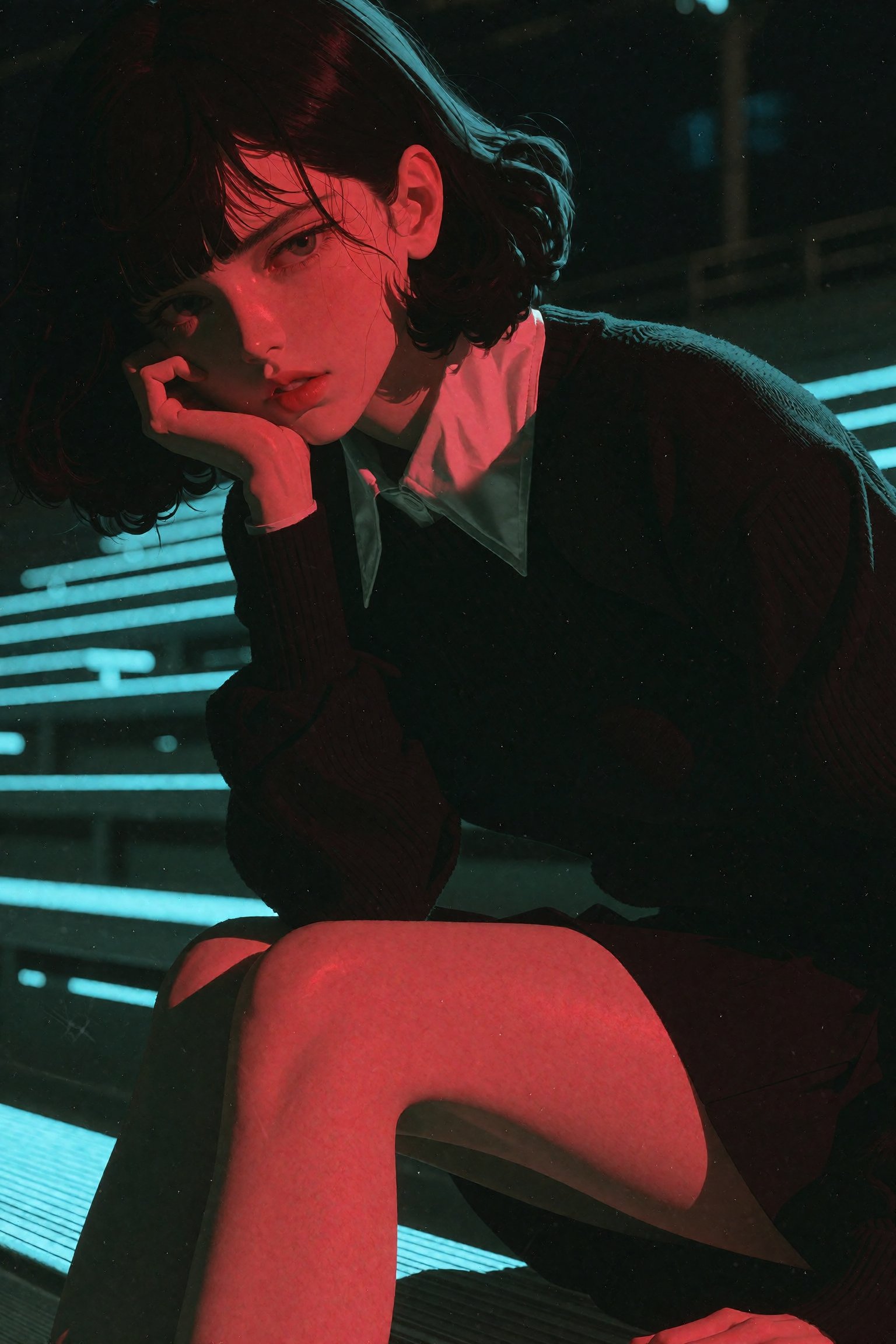 A young woman with a dark bob crouches on slatted bleachers,  glancing over her shoulder,  resting her chin on her hand. S...