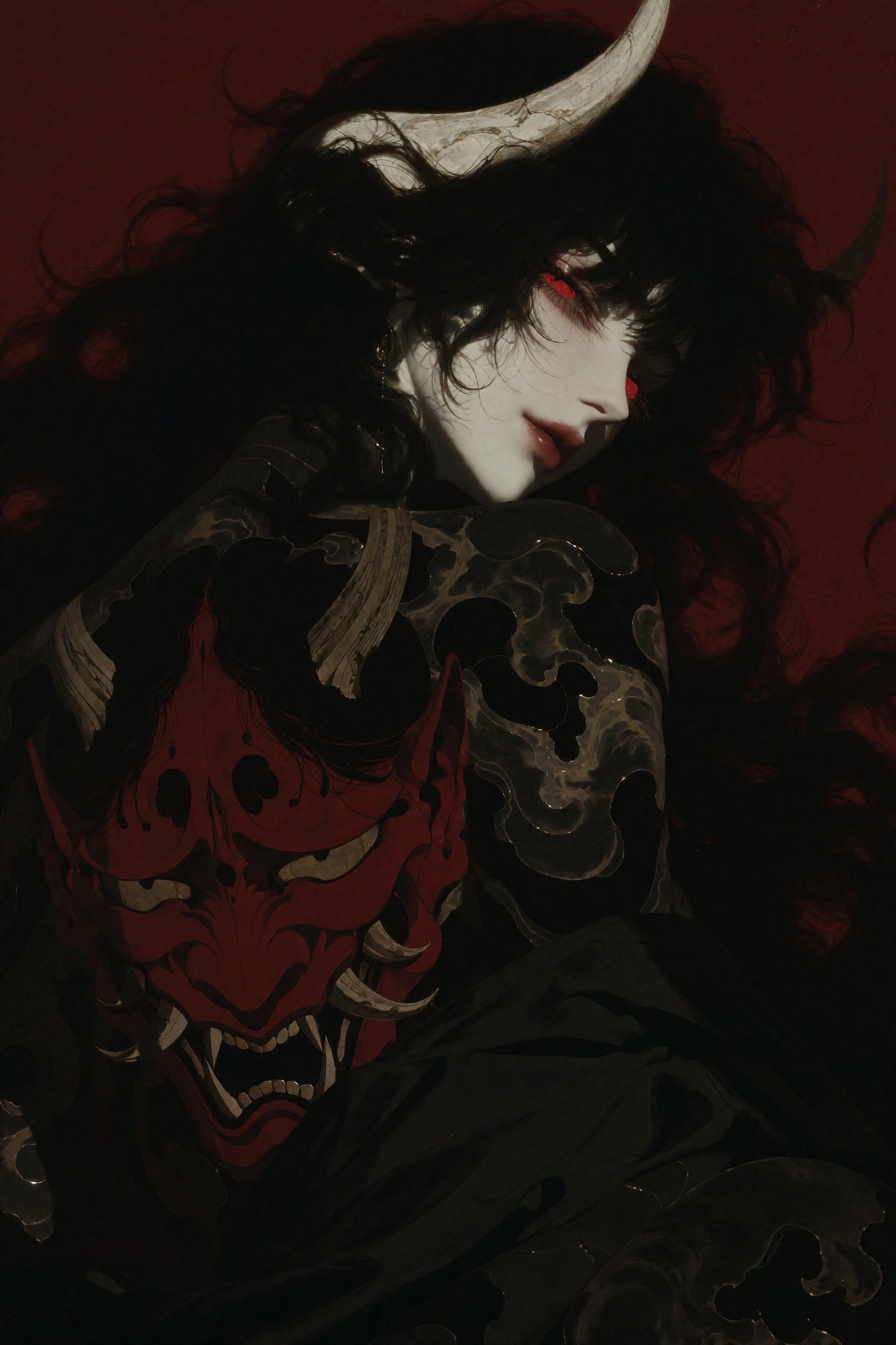 A dark fantasy digital painting of a slender,  ethereal figure with pale porcelain skin looking back over their bare shoul...