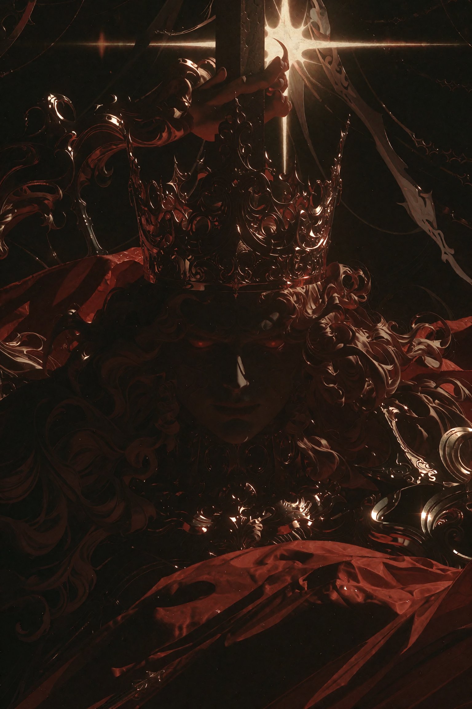 Dark fantasy oil painting of an ominous demonic sovereign during a midnight coronation,  wearing an impossibly ornate baro...
