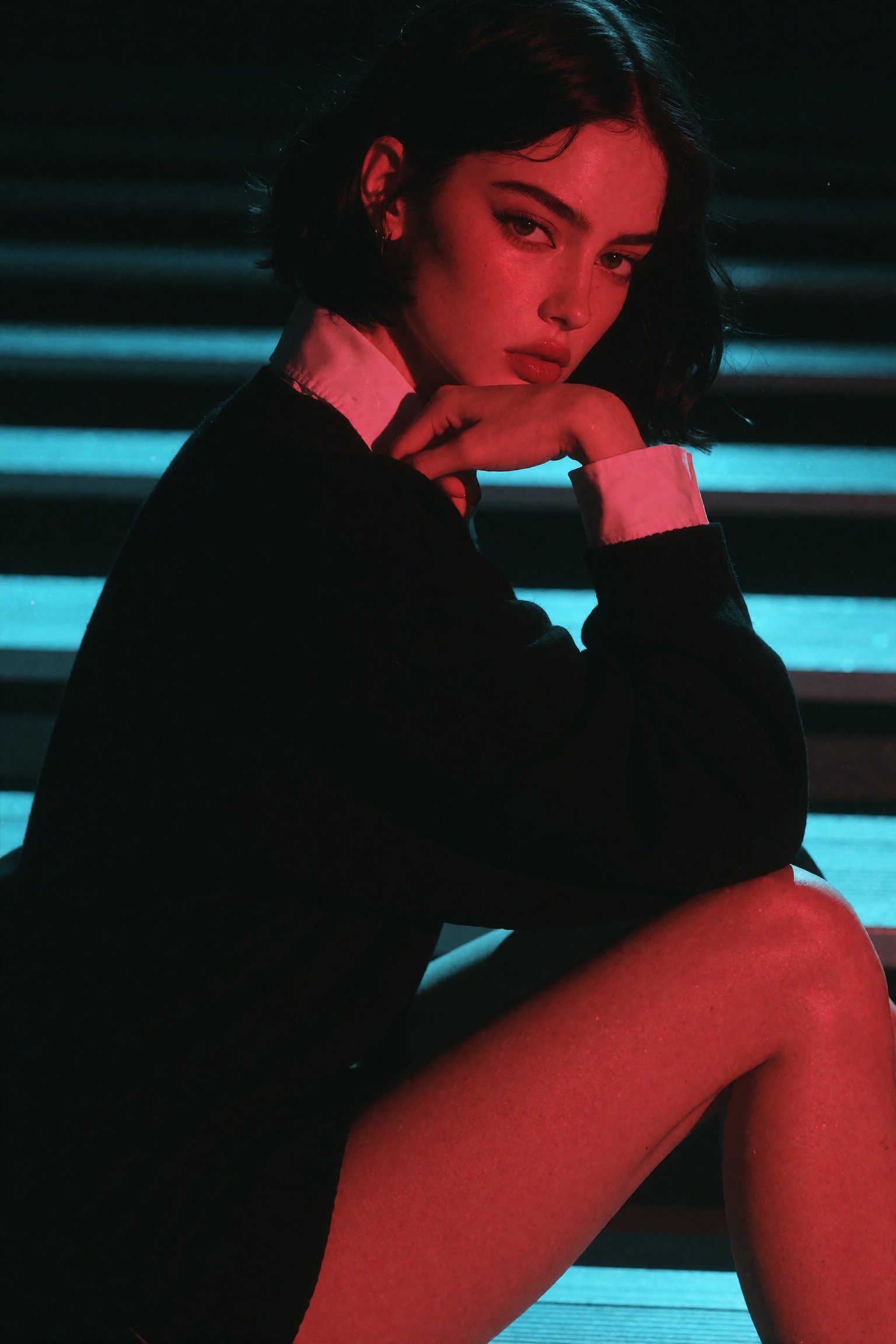 A young woman with a dark bob crouches on slatted bleachers,  glancing over her shoulder,  resting her chin on her hand. S...