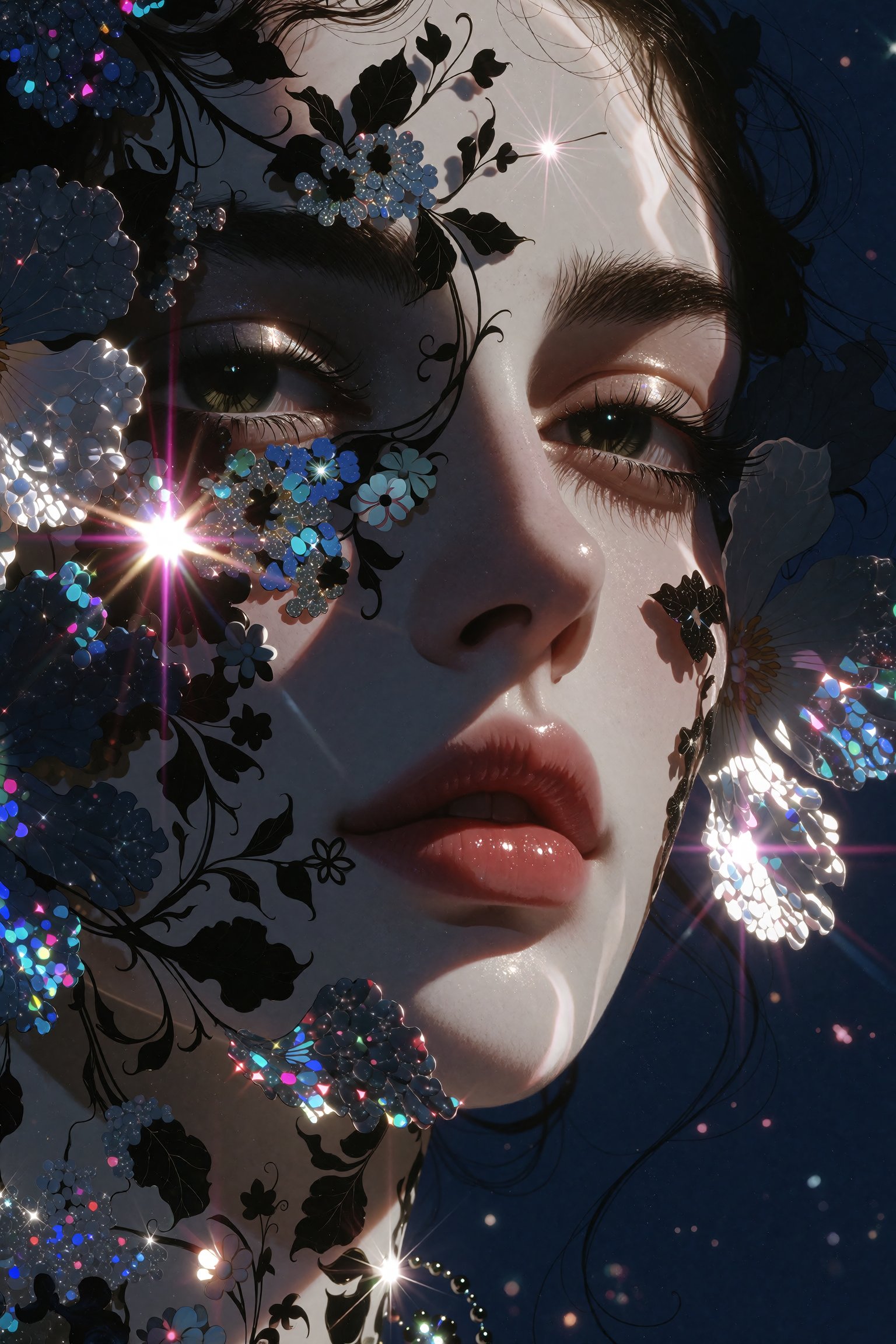 A 1990s vintage style portrait of a woman's face partially obscured by dense 3d floral objects,  enveloped in a moody,  no...