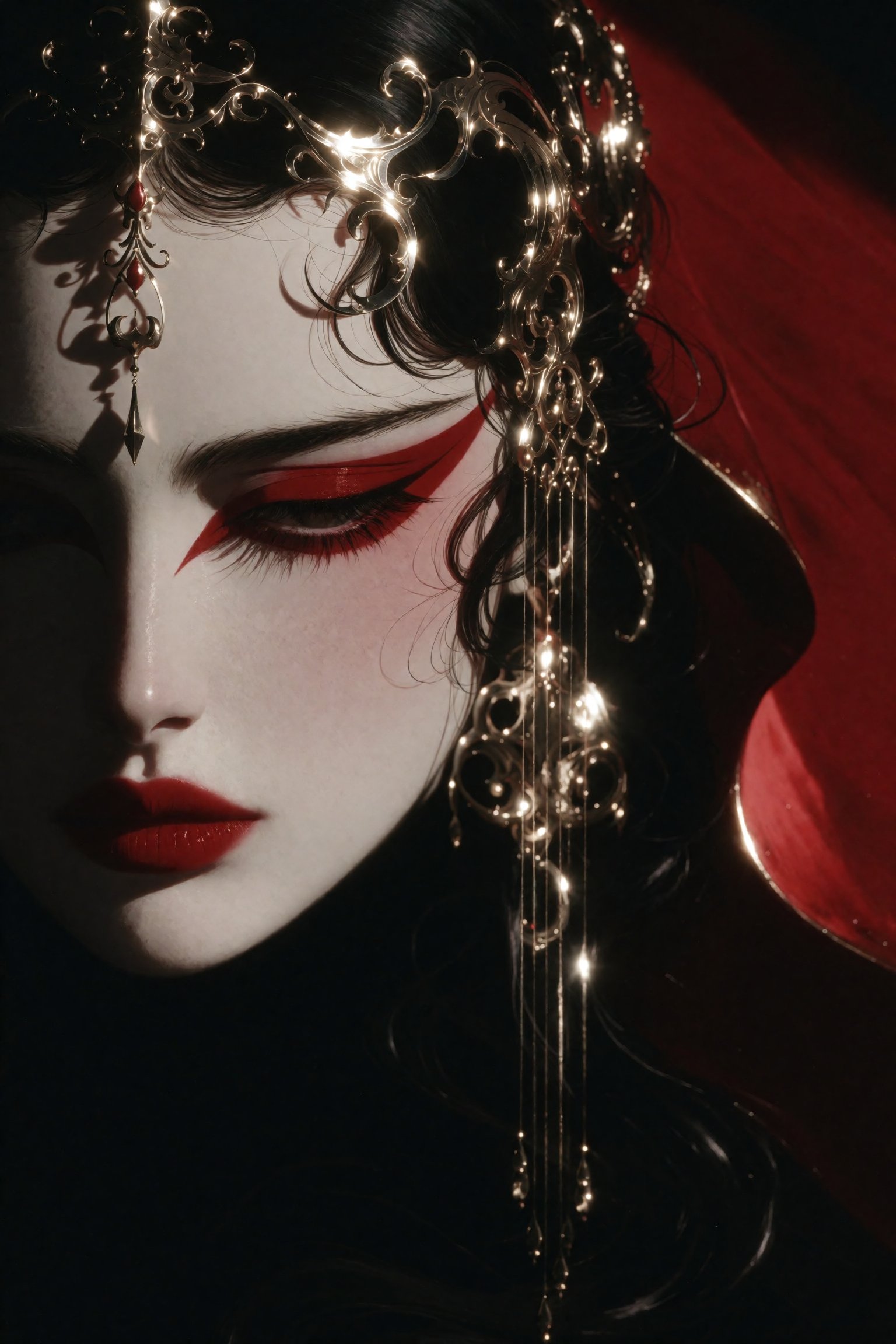 A figure with pale,  smooth skin and dark hair wears an ornate,  glistening headdress composed of intricate gold filigree...