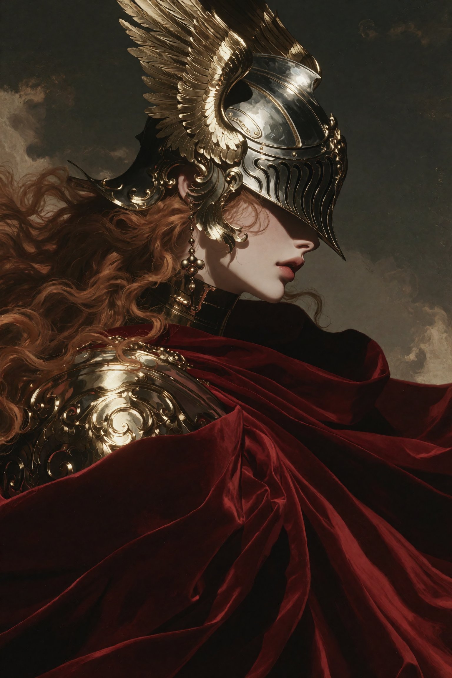 Malenia Blade of Miquella from Elden Ring,  profile portrait,  ornate silver valkyrie helmet with golden feathered wings s...