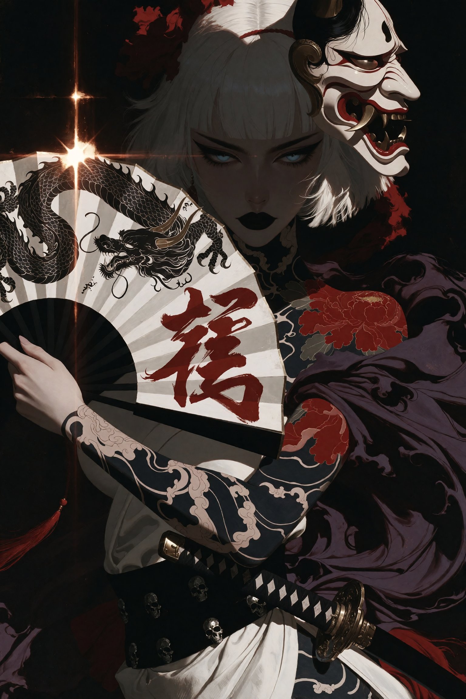 Dark fantasy oil painting of an ominous fierce young woman with a short blunt-cut white bob,  her face mostly concealed in...