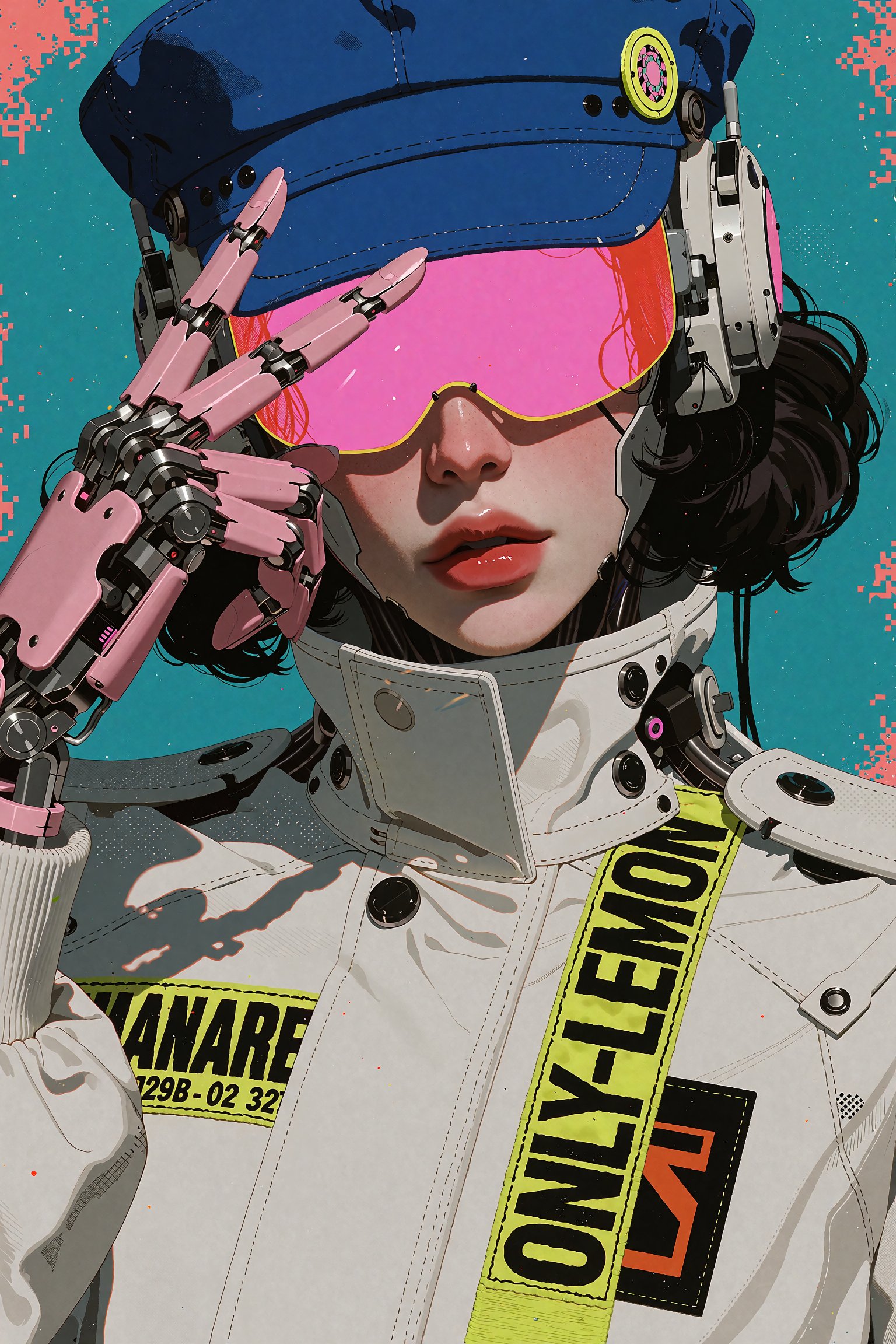 A retro portrait of a cool cyborg posing with a peace sign over their glowing pink visor. The character wears a retro blue...