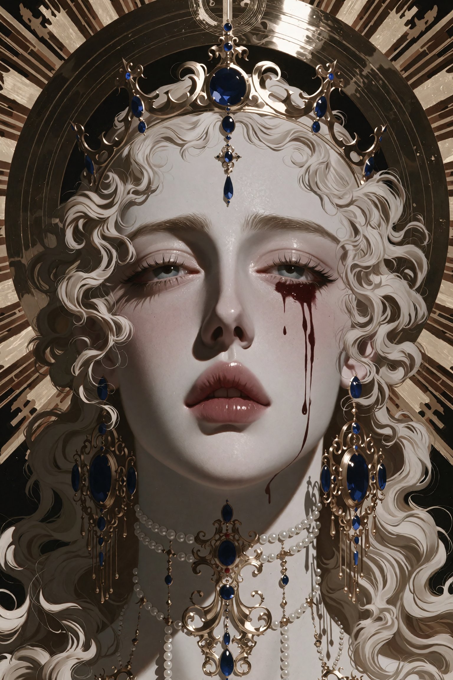 Close-up portrait of a martyred saint with pale luminous skin and flowing platinum blonde curls,  ornate golden halo with...