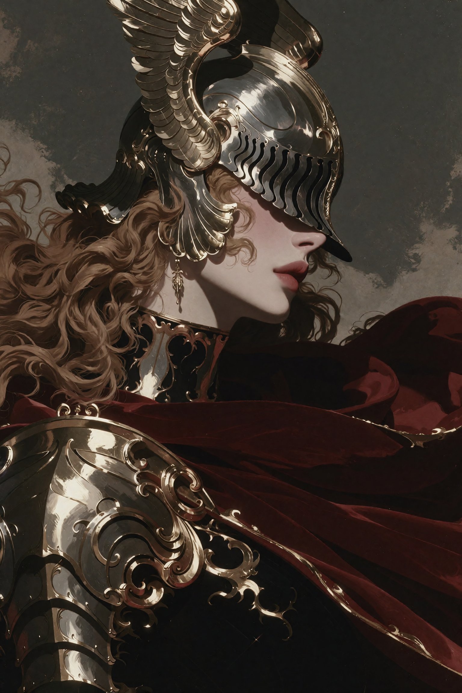 Malenia Blade of Miquella from Elden Ring,  profile portrait,  ornate silver valkyrie helmet with golden feathered wings s...