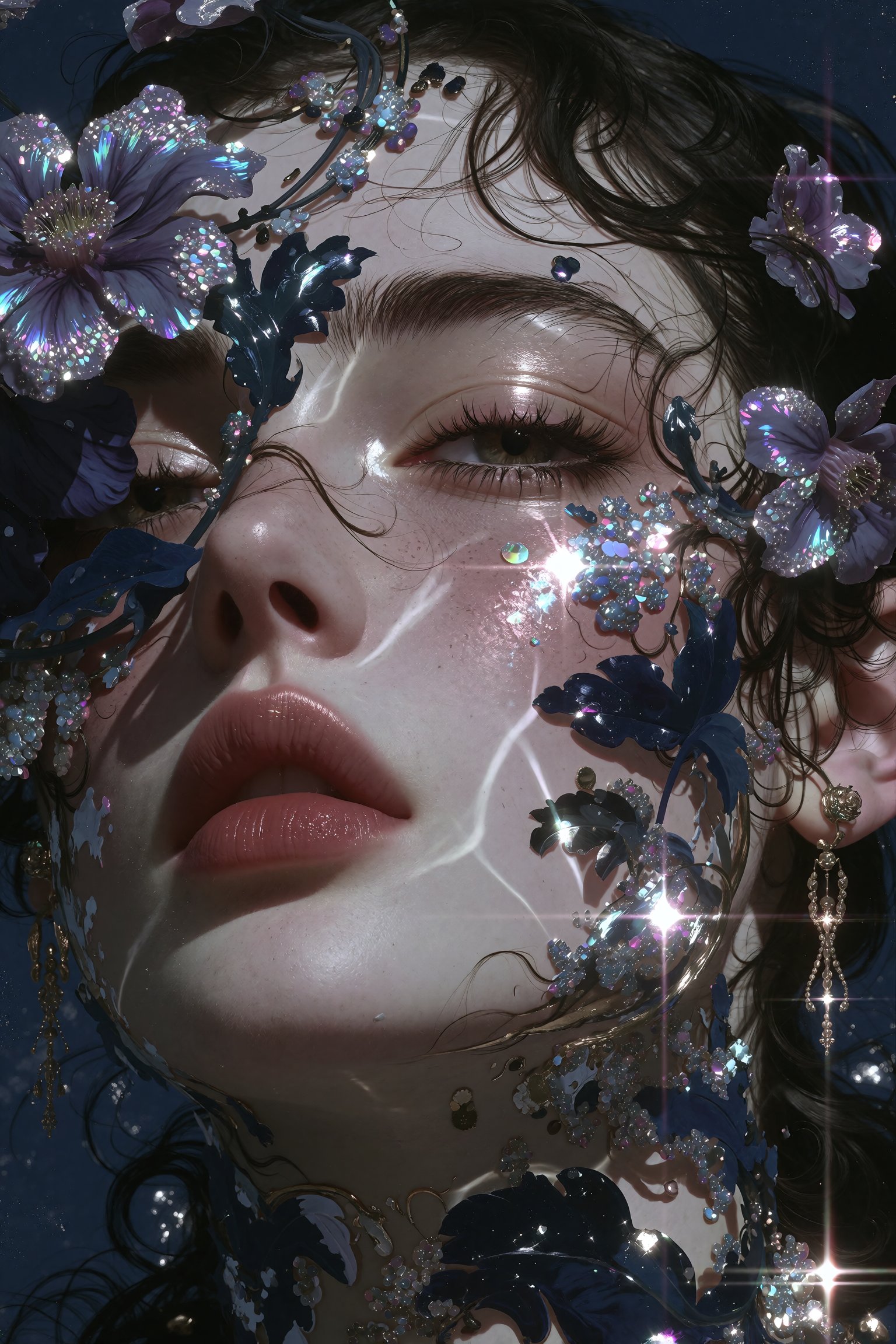 A 1990s vintage style portrait of a woman's face partially obscured by dense 3d floral objects,  enveloped in a moody,  no...