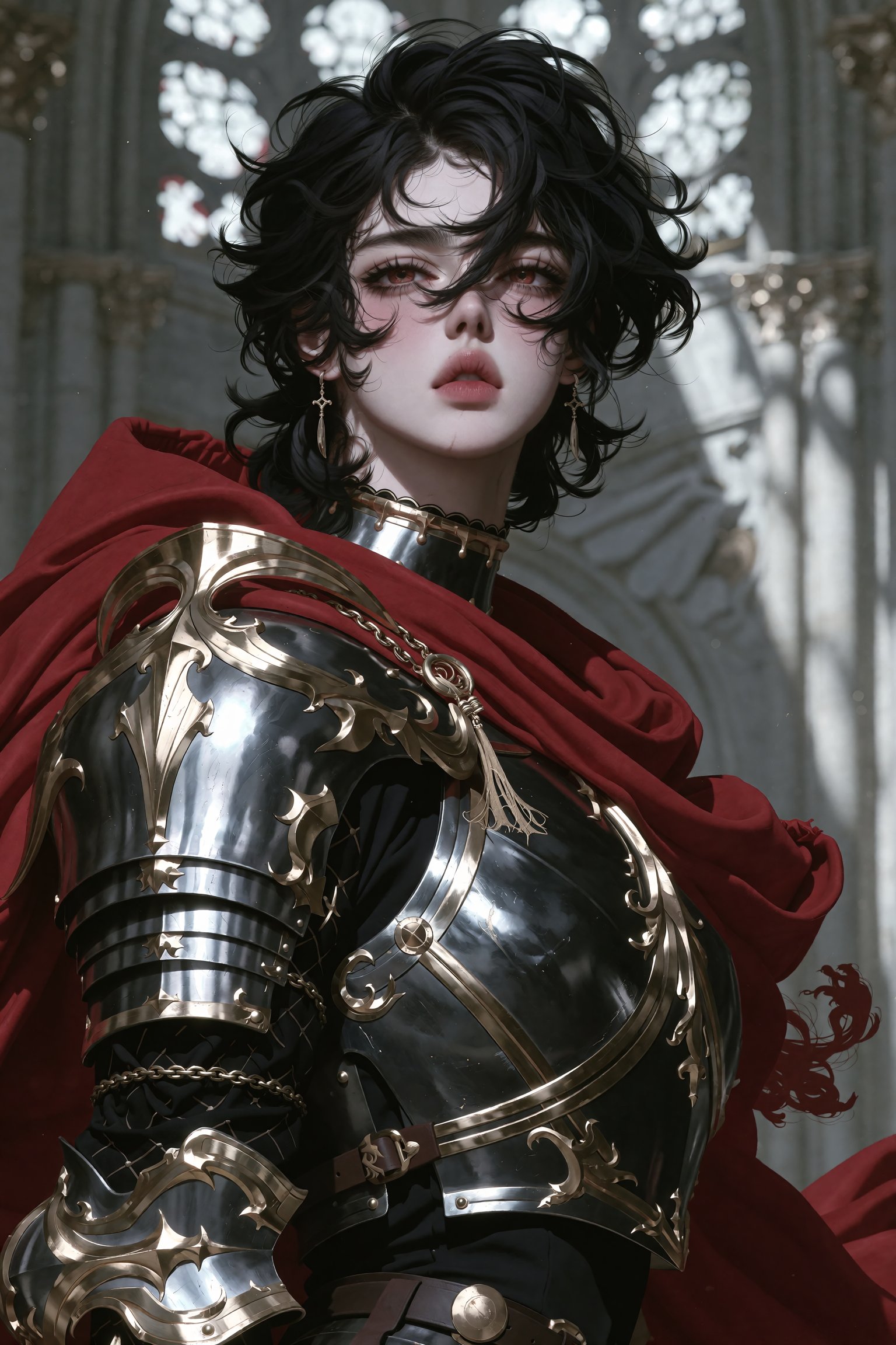 A cowboy shot of a female fantasy knight standing inside a cathedral,  looking at the viewer. She is a tomboy with fair sk...