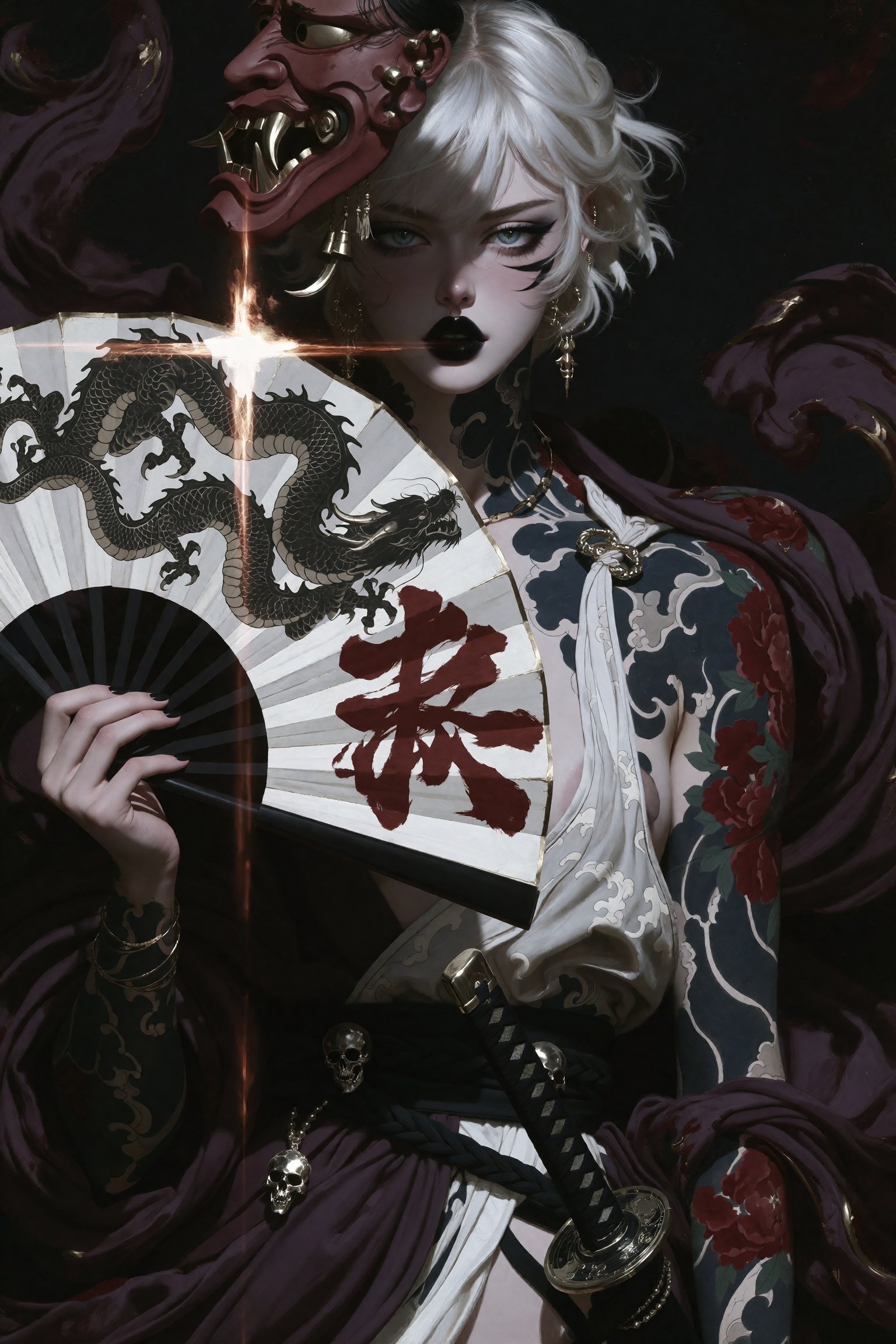 Dark fantasy oil painting of an ominous fierce young woman with a short blunt-cut white bob,  her face mostly concealed in...