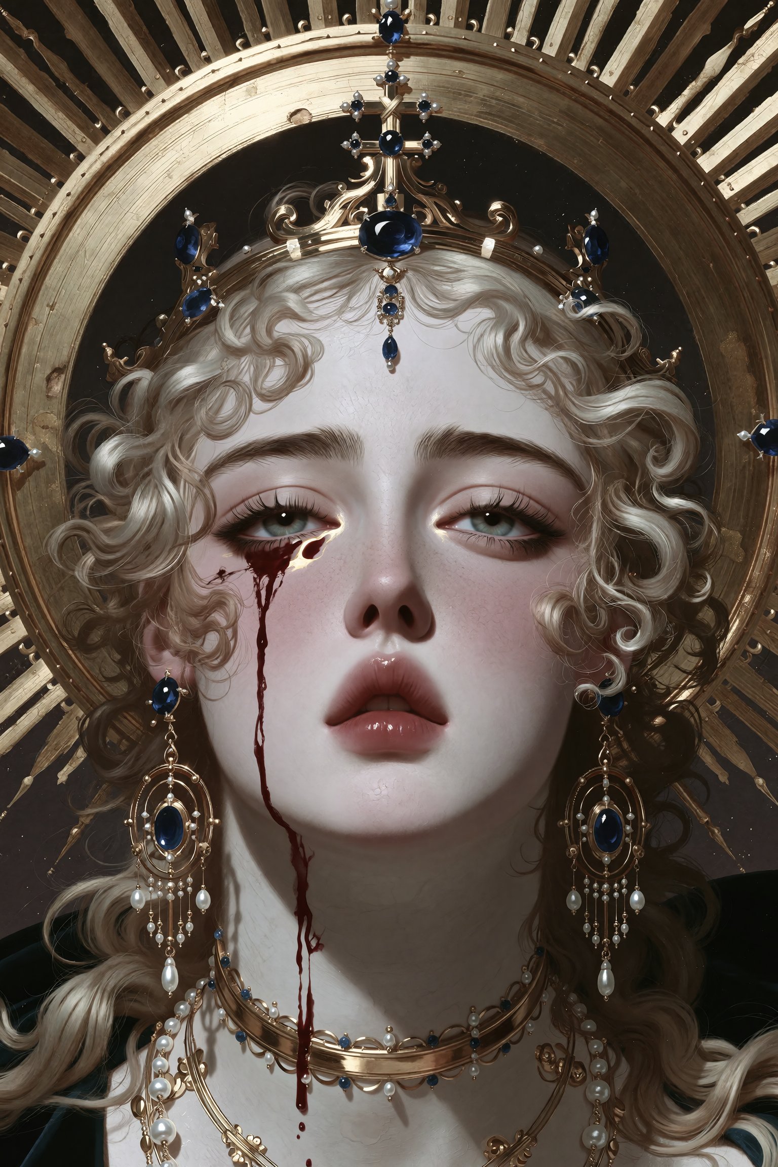 Close-up portrait of a martyred saint with pale luminous skin and flowing platinum blonde curls,  ornate golden halo with...