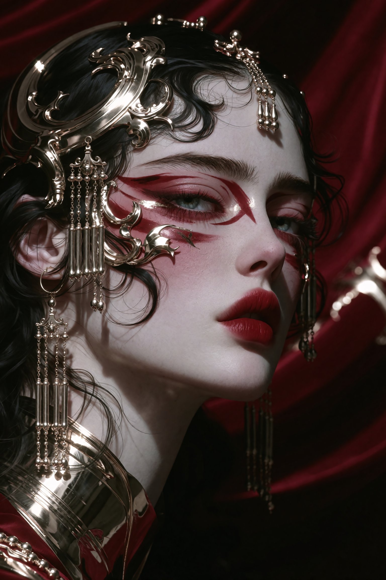 A figure with pale,  smooth skin and dark hair wears an ornate,  glistening headdress composed of intricate gold filigree...