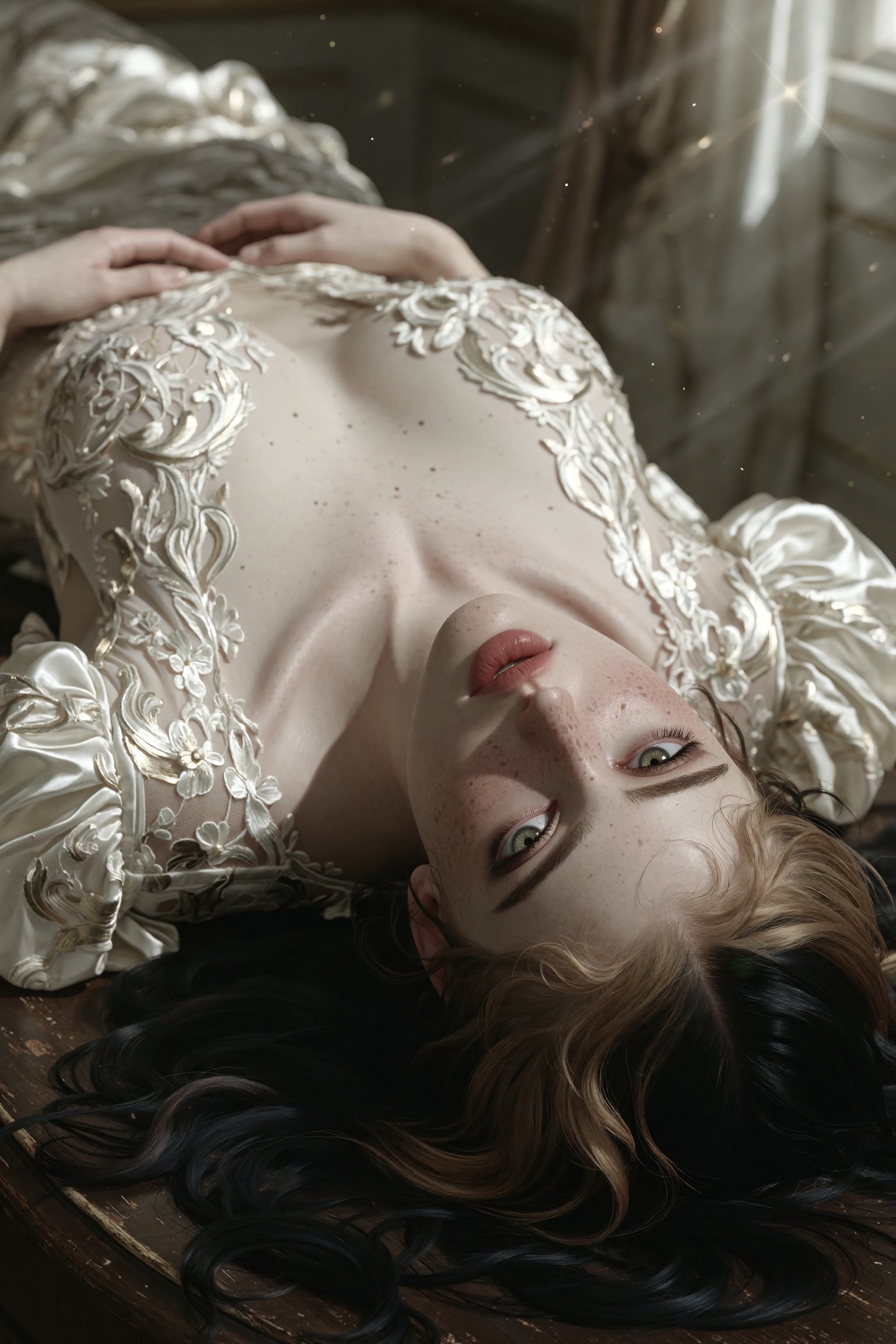 wonheegirl laying down on a dark wooden table,  looking directly at the viewer,  full body shot by OnlyLemonLemLem on Tens...