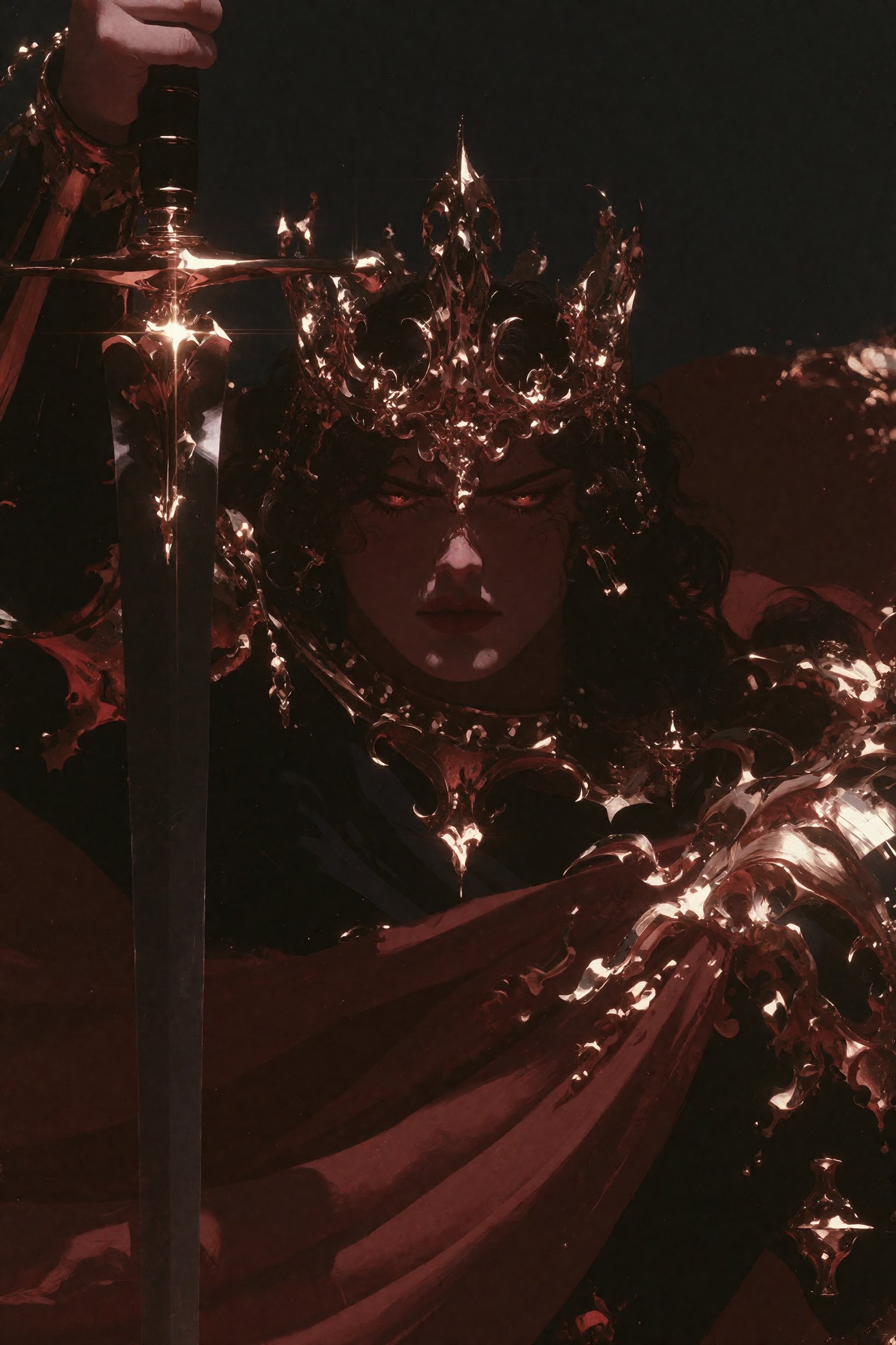 Dark fantasy oil painting of an ominous demonic sovereign during a midnight coronation,  wearing an impossibly ornate baro...