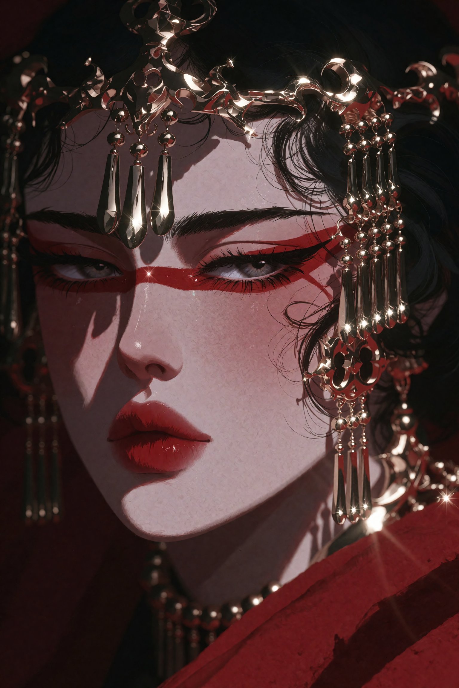A figure with pale,  smooth skin and dark hair wears an ornate,  glistening headdress composed of intricate gold filigree...