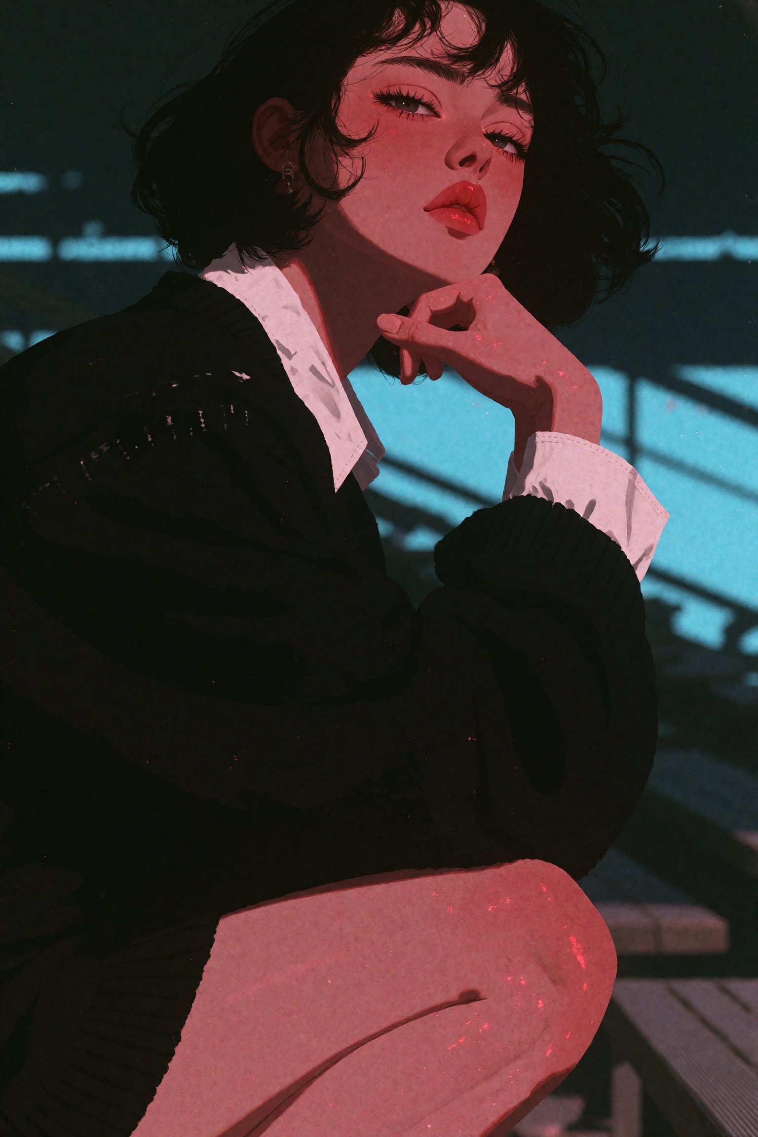 A young woman with a dark bob crouches on slatted bleachers,  glancing over her shoulder,  resting her chin on her hand. S...