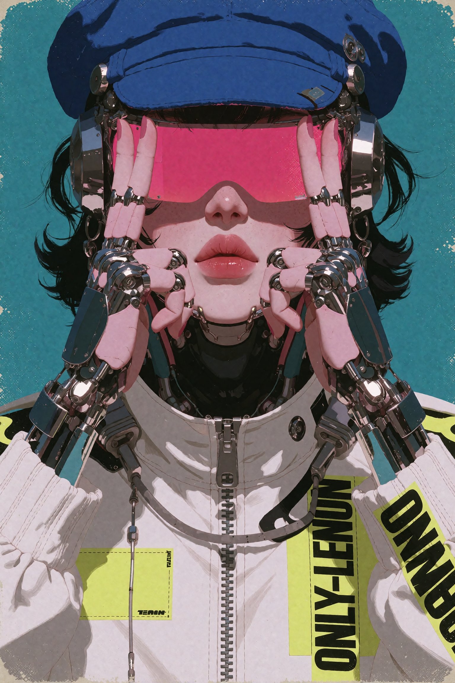 A retro portrait of a cool cyborg posing with a peace sign over their glowing pink visor. The character wears a retro blue...