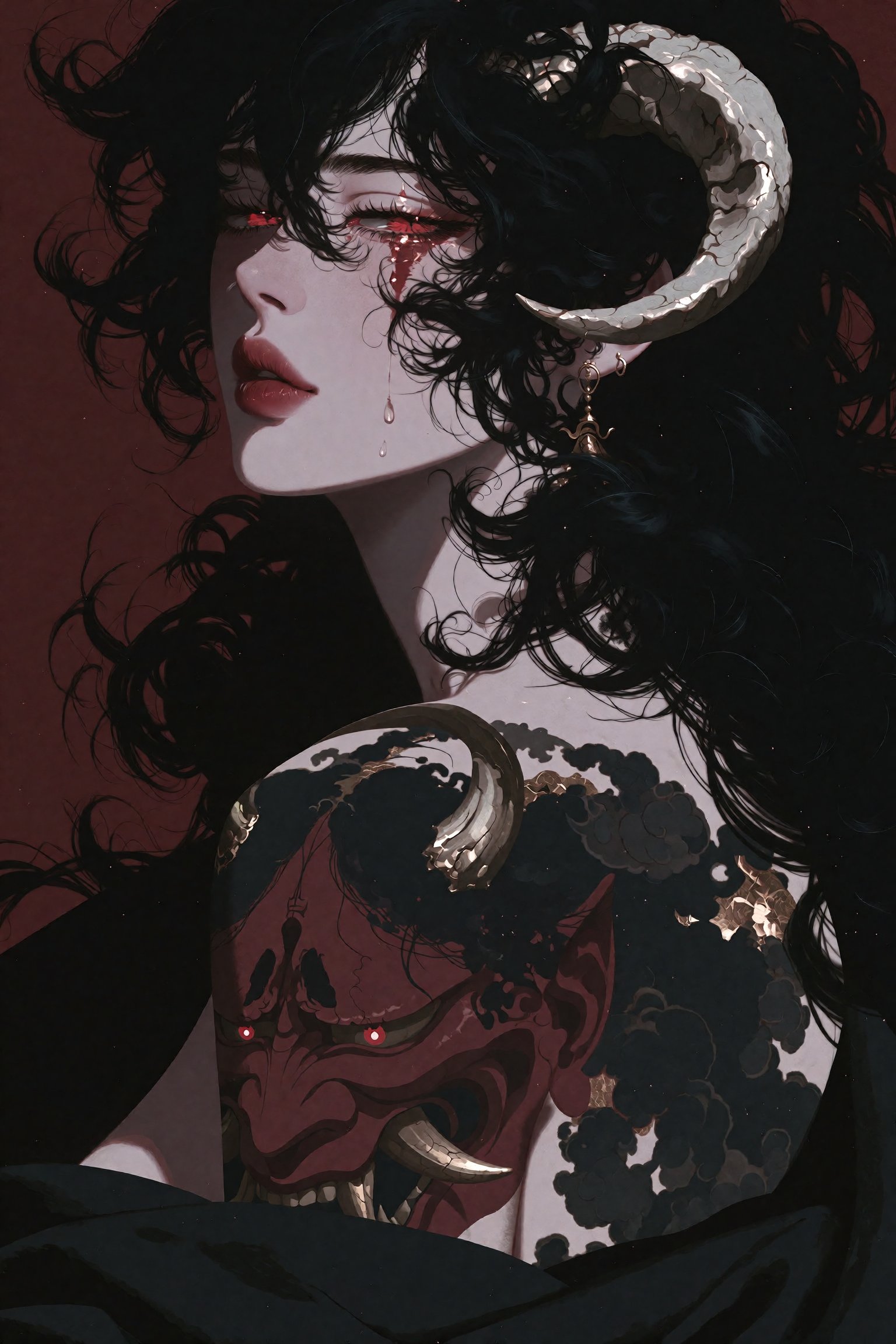 A dark fantasy digital painting of a slender,  ethereal figure with pale porcelain skin looking back over their bare shoul...