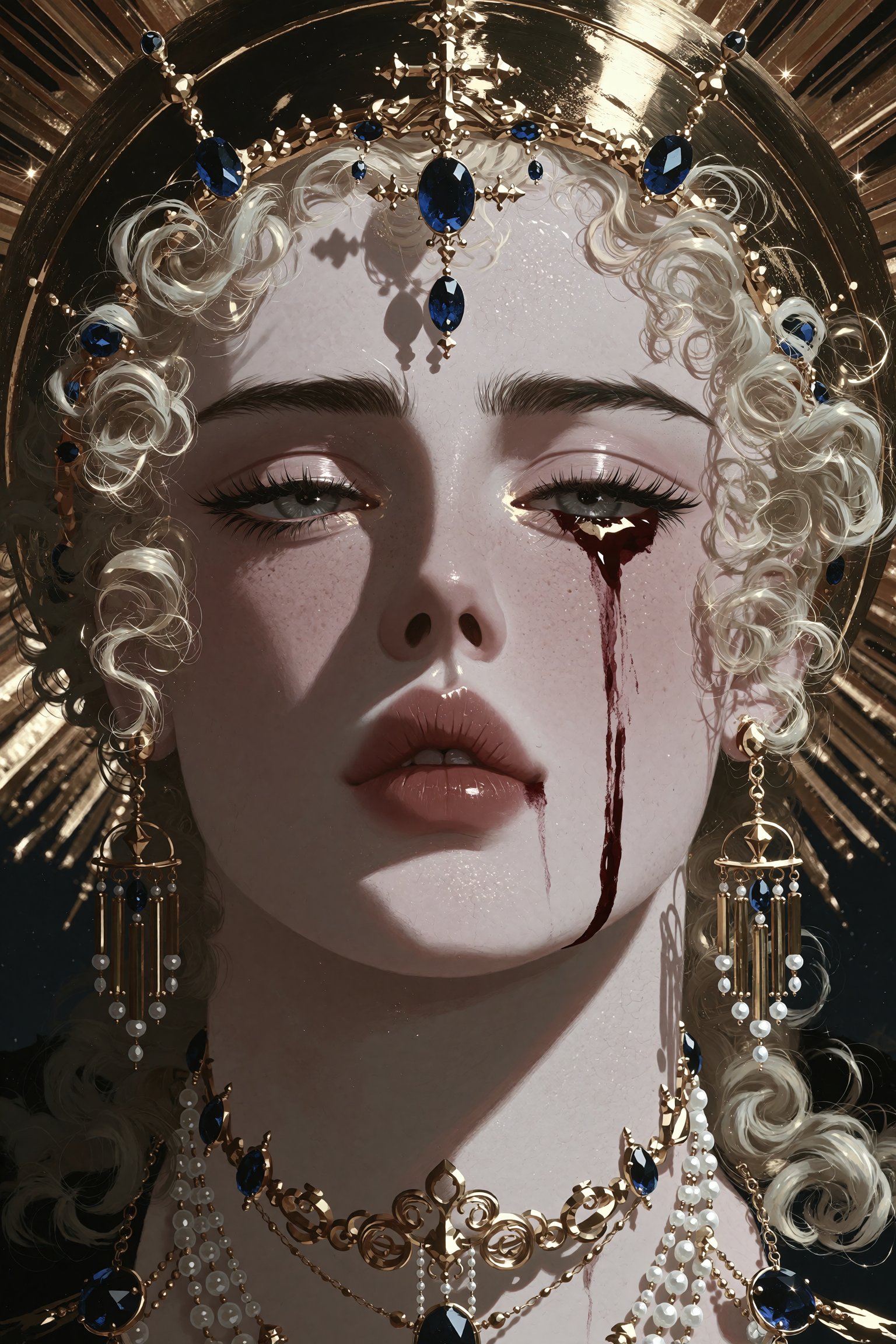 Close-up portrait of a martyred saint with pale luminous skin and flowing platinum blonde curls,  ornate golden halo with...