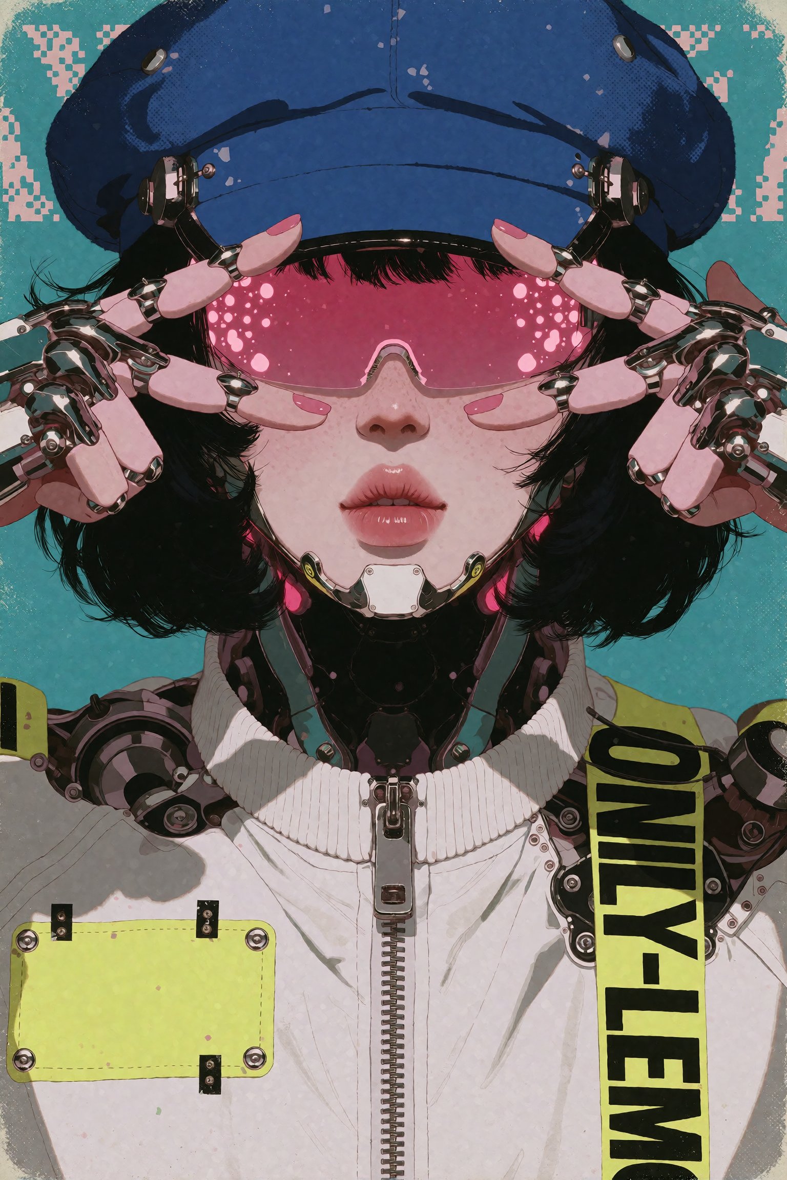 A retro portrait of a cool cyborg posing with a peace sign over their glowing pink visor. The character wears a retro blue...