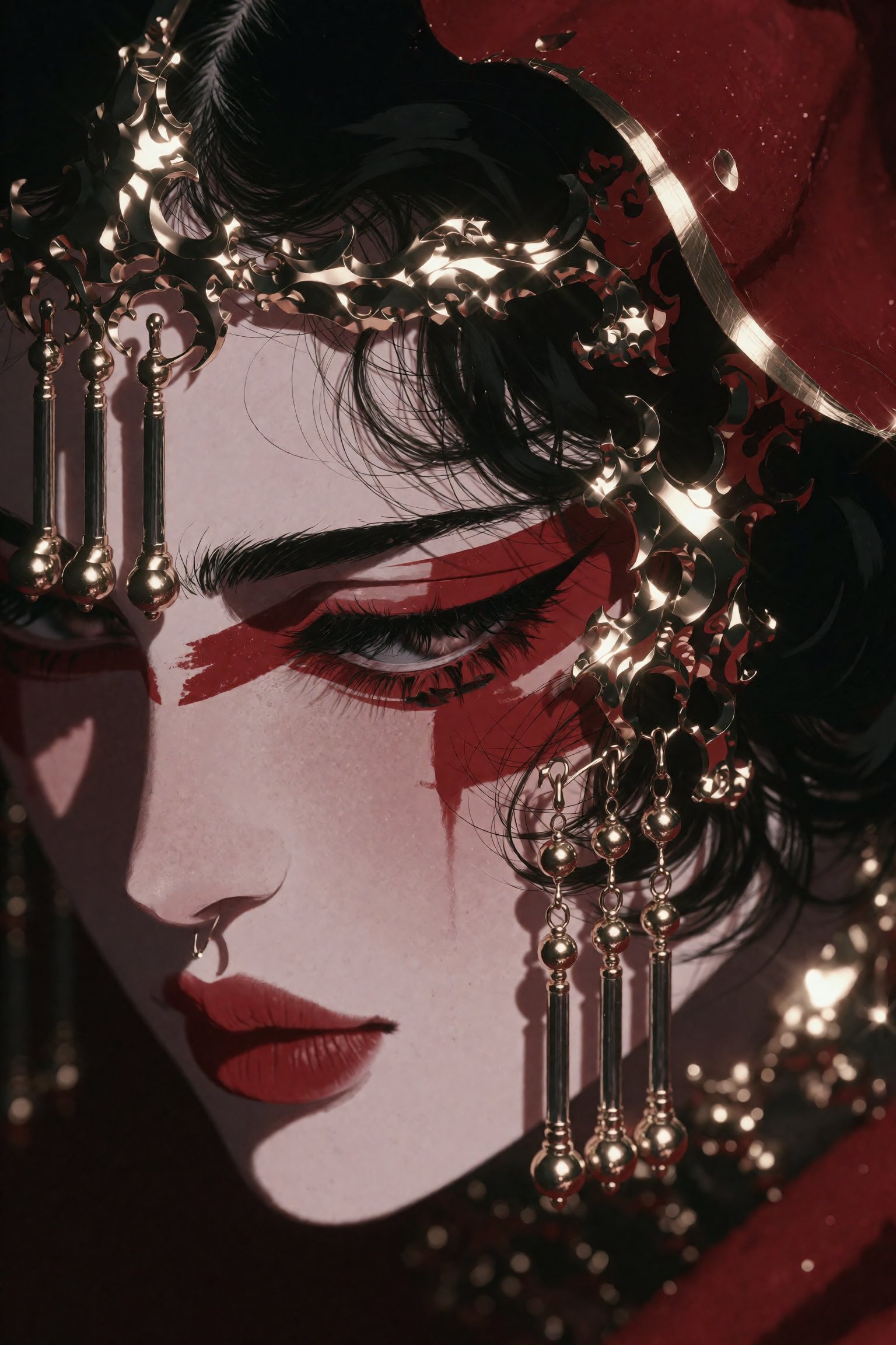 A figure with pale,  smooth skin and dark hair wears an ornate,  glistening headdress composed of intricate gold filigree...