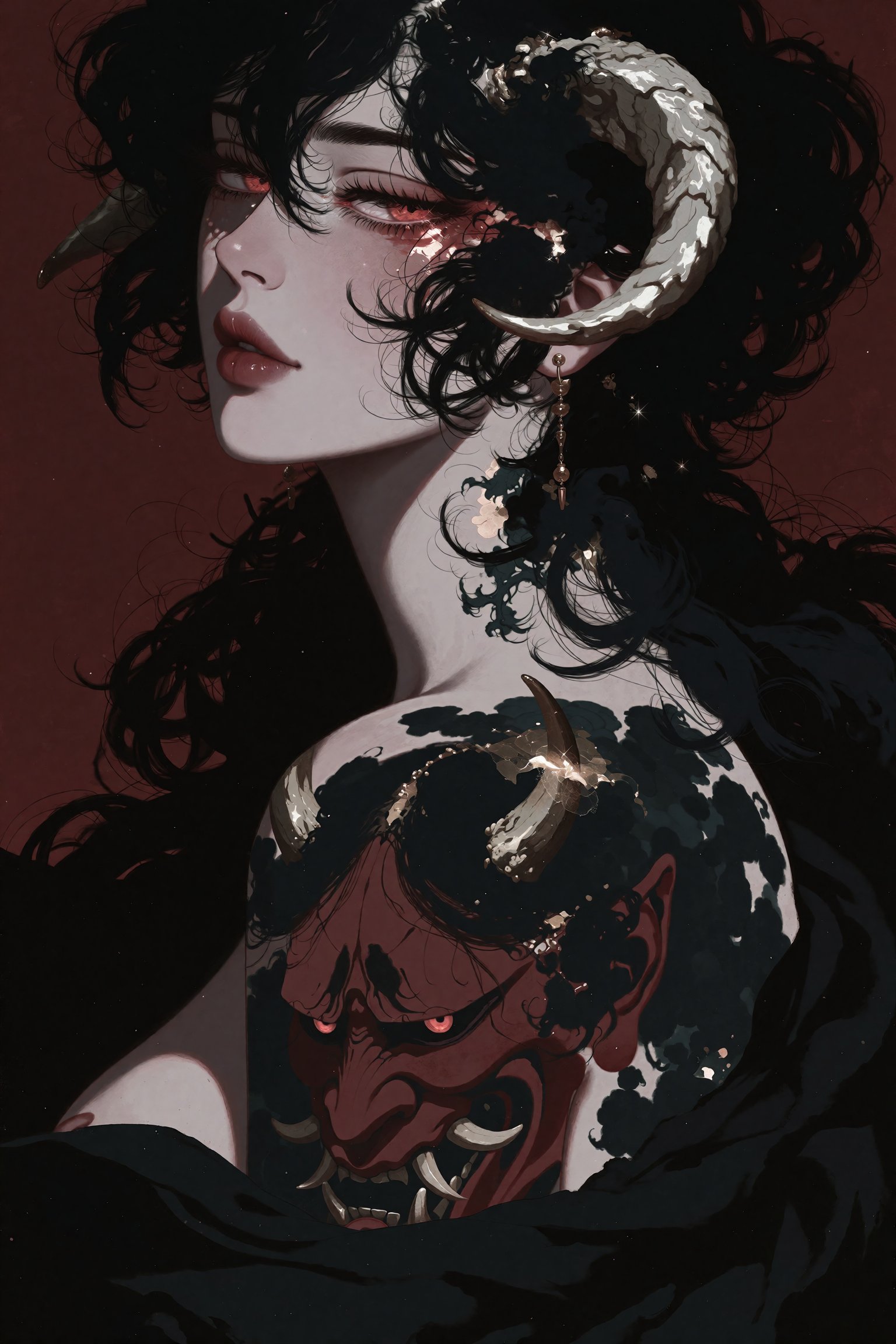A dark fantasy digital painting of a slender,  ethereal figure with pale porcelain skin looking back over their bare shoul...