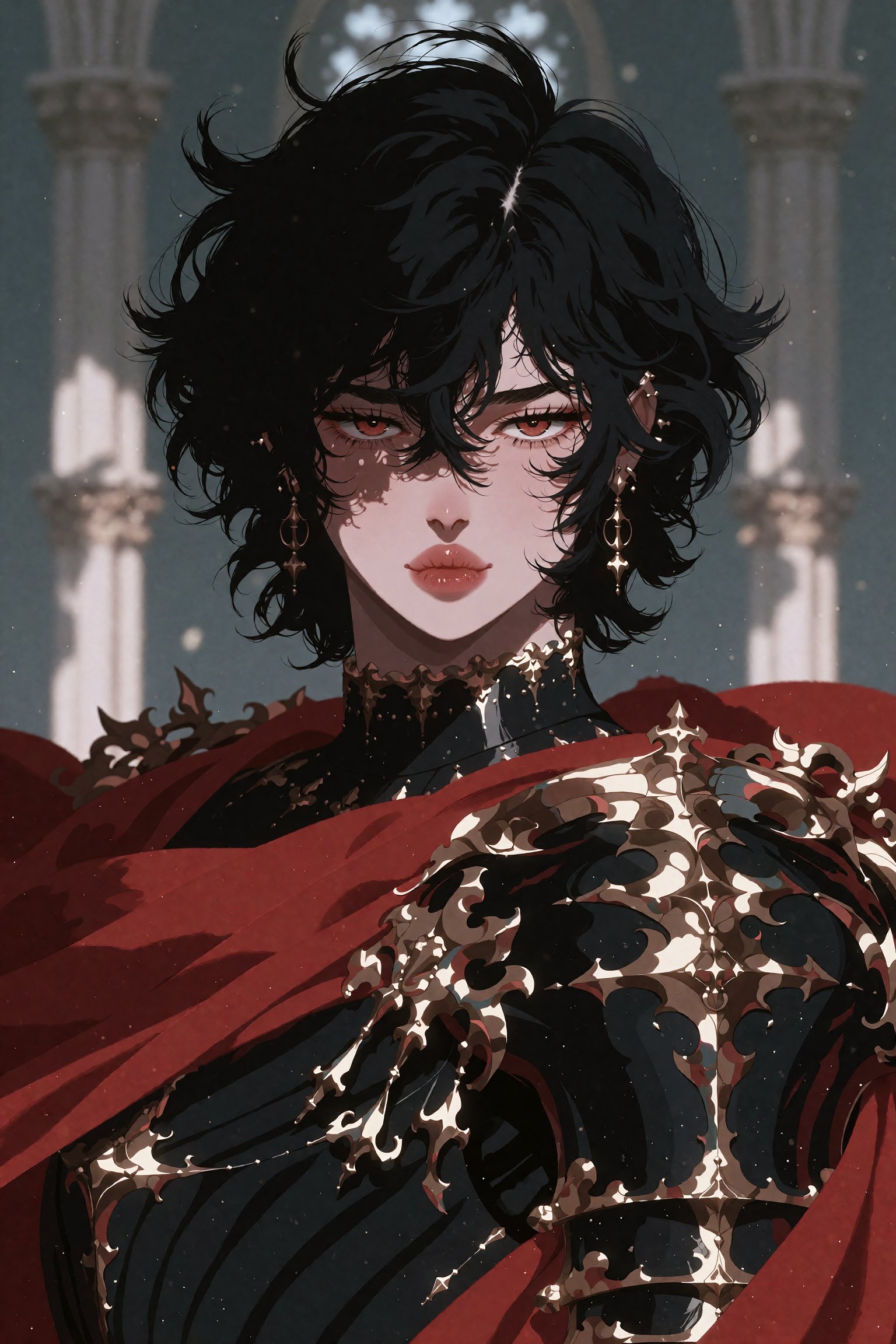 A cowboy shot of a female fantasy knight standing inside a cathedral,  looking at the viewer. She is a tomboy with fair sk...