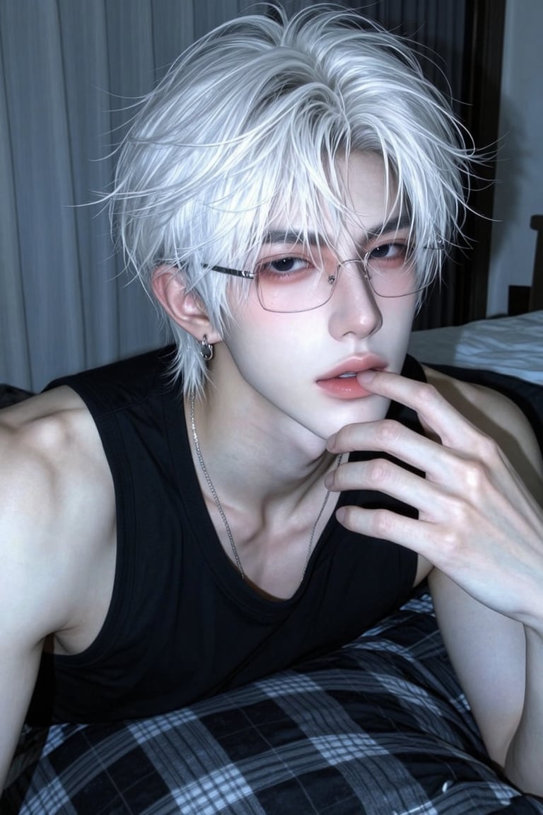 ((1 young man)) A handsome and mature-looking young man with short,  slightly messy white hair featuring a naturally damp,...