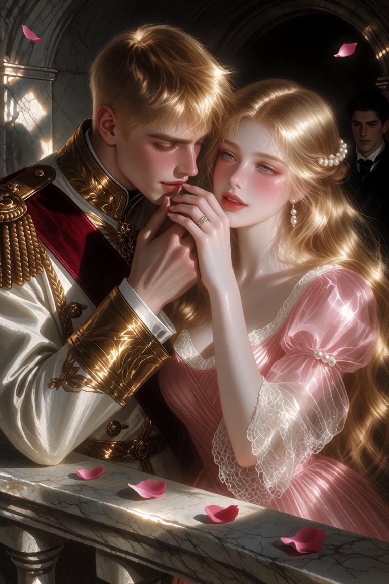 F4NT4S14STYL3,  a polished digital illustration of a man and a woman in a romantic manhwa art style,  featuring sharp line...