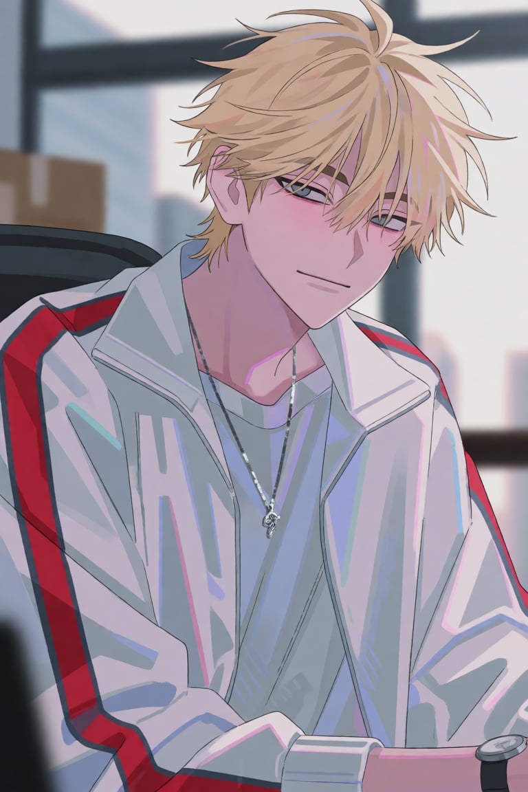 1 boy,  solo,  A handsome young man with messy blond hair and soft tired eyes by 小纸条 on Tensor.Art