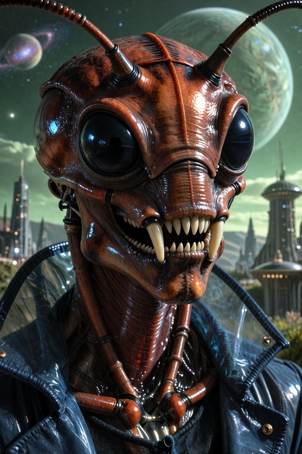 Photography portrait of an insectoid alien with black eyes and a red chitin skin. Slimy and shiny skin. Pointy fangs and m...