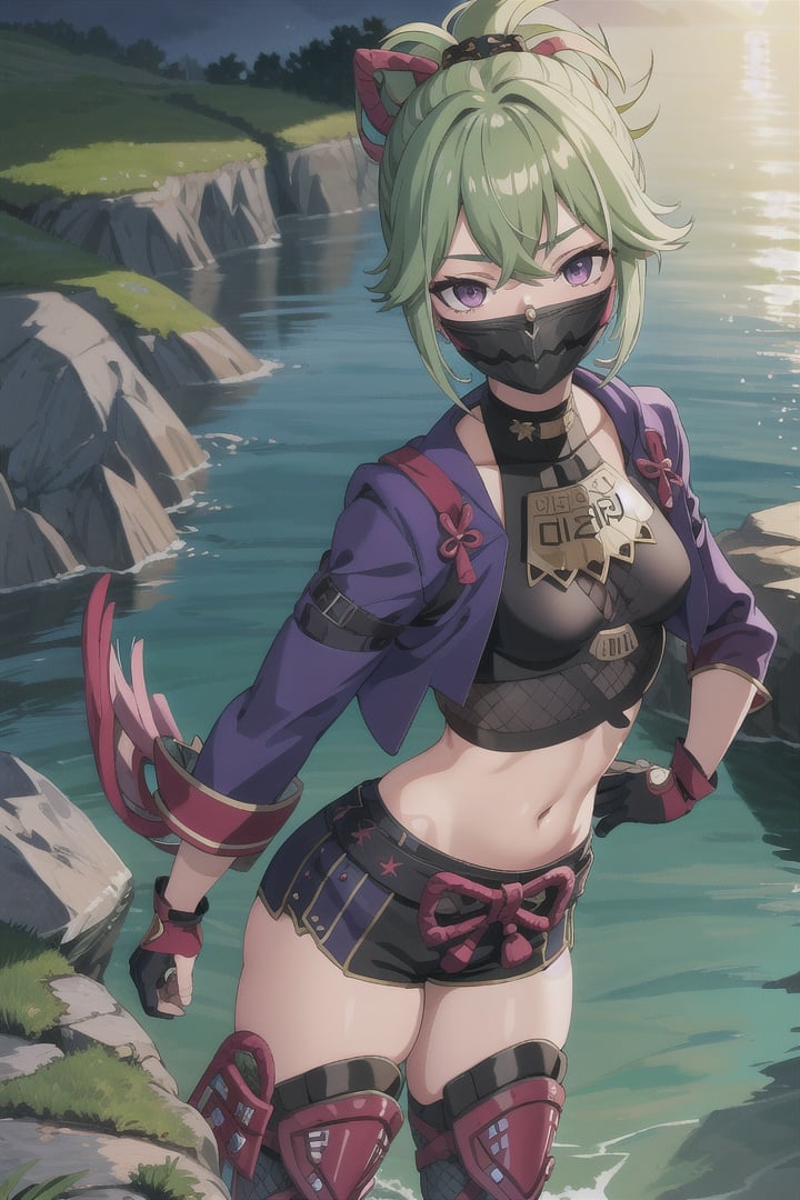 masterpiece, best quality, KShinobuV4, 1girl, solo, breasts, looking at viewer, thighhighs, gloves, navel, hair between eyes, standing, outdoors, standing on stone, sea, water, night, jacket, cowboy shot, from above, shorts, midriff, stomach, armor, crop top, hand on hip, short shorts, mask, black shorts, fishnets, rope, cropped jacket, mouth mask, purple jacket, fishnet top, ninja mask