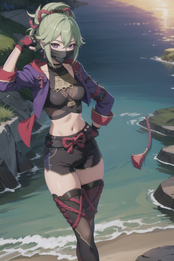 masterpiece, best quality, KShinobuV4, 1girl, solo, breasts, looking at viewer, thighhighs, gloves, navel, hair between eyes, standing, outdoors, standing on stone, sea, water, night, jacket, cowboy shot, from above, shorts, midriff, stomach, armor, crop top, hand on hip, short shorts, mask, black shorts, fishnets, rope, cropped jacket, mouth mask, purple jacket, fishnet top, ninja mask