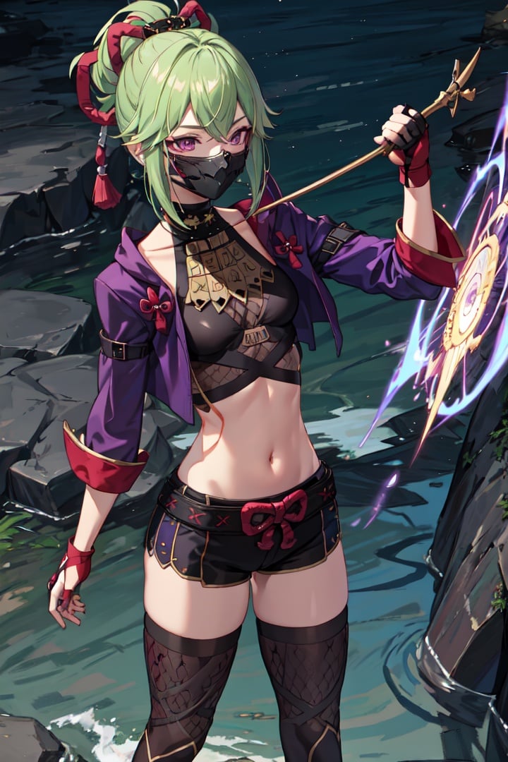 masterpiece, best quality, KShinobuV4, 1girl, solo, breasts, looking at viewer, thighhighs, gloves, navel, hair between eyes, standing, outdoors, standing on stone, sea, water, night, jacket, cowboy shot, from above, shorts, midriff, stomach, armor, crop top, hand on hip, short shorts, mask, black shorts, fishnets, rope, cropped jacket, mouth mask, purple jacket, fishnet top, ninja mask