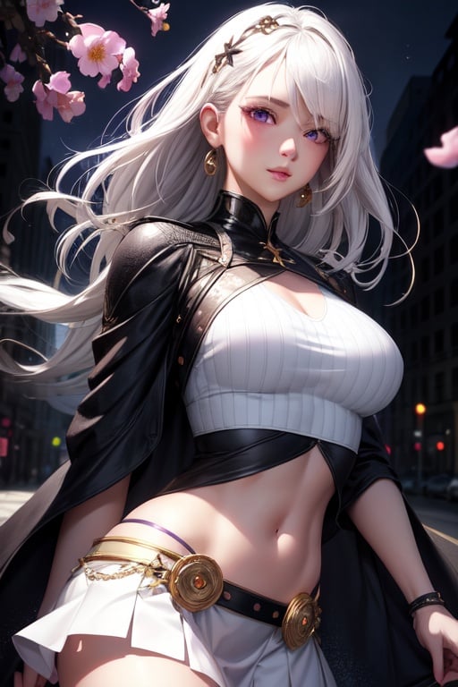 realistic, 1girl, white hair, purple eyes, glowing eyes, crop top, skirt, parted lips, blush, night, flowers, sun, sunlight,
