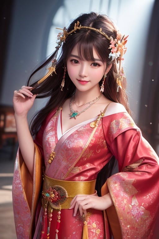 best quality, masterpiece, highres, 1girl,blush,(seductive smile:0.8),star-shaped pupils,red china hanfu,hair ornament,necklace, jewelry,Beautiful face,upon_body, tyndall effect,photorealistic, dark studio, rim lighting, two tone lighting,(high detailed skin:1.2), 8k uhd, dslr, soft lighting, high quality, volumetric lighting, candid, Photograph, high resolution, 4k, 8k, Bokeh,(small head), look at viewer