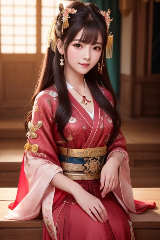 best quality, masterpiece, highres, 1girl,blush,(seductive smile:0.8),star-shaped pupils,red china hanfu,hair ornament,necklace, jewelry,Beautiful face,upon_body, tyndall effect,photorealistic, dark studio, rim lighting, two tone lighting,(high detailed skin:1.2), 8k uhd, dslr, soft lighting, high quality, volumetric lighting, candid, Photograph, high resolution, 4k, 8k, Bokeh,(small head), look at viewer